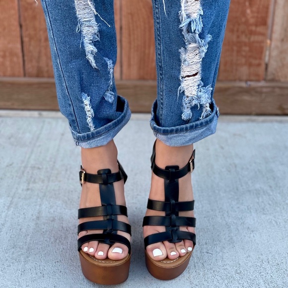 Black Platform Chunky Heel Wedges - Picture 2 of 7